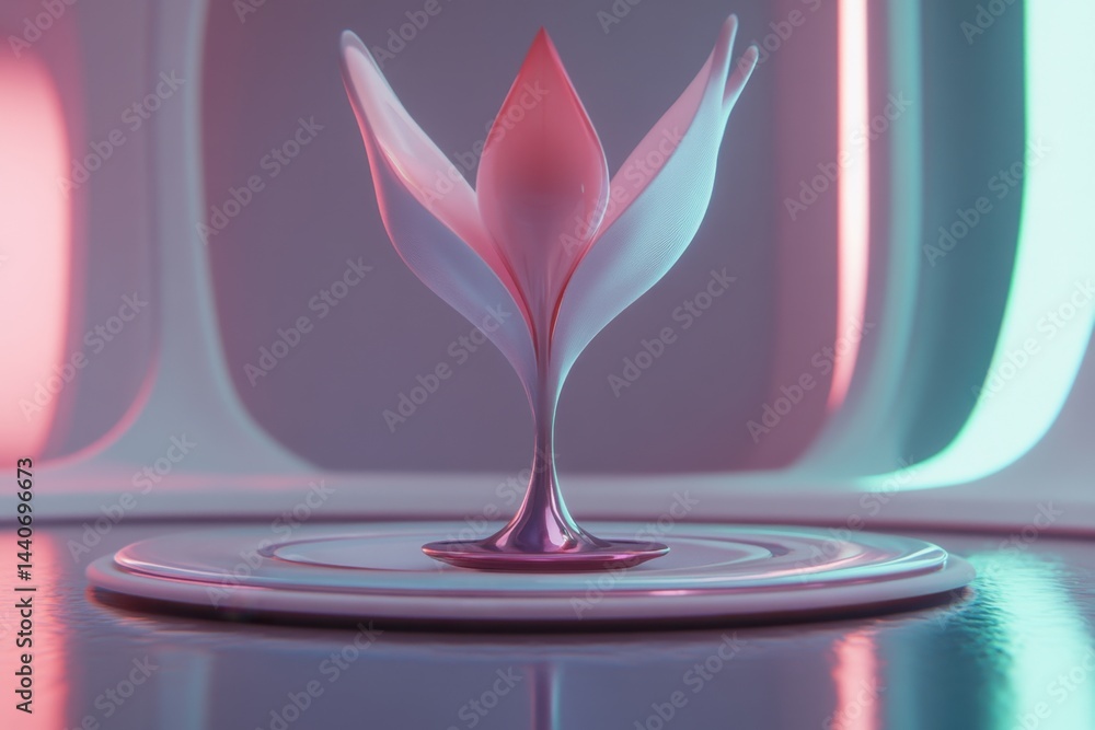 Poster abstract flower on reflective surface with soft lighting creating a futuristic and serene atmosphere