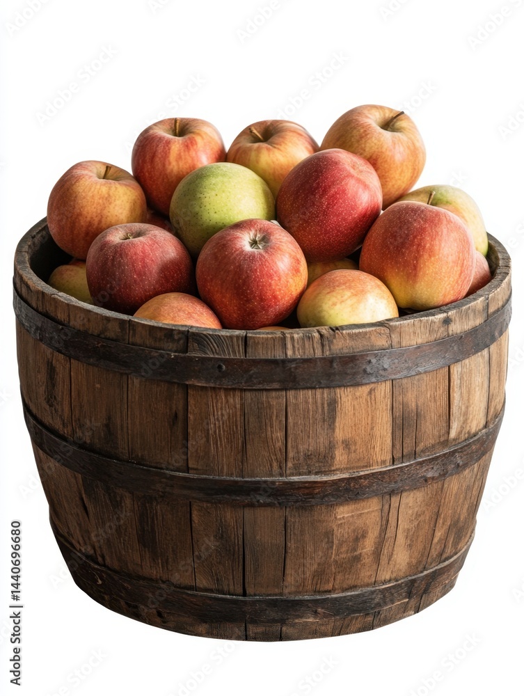 Poster rustic wooden barrel overflowing with freshly picked apples displaying vibrant colors and textures c