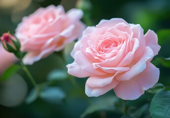 Soft Pink Roses in Bloom with Delicate Petals and Lush Green Foliage Capturing the Essence of Nature's Beauty in a Garden Setting