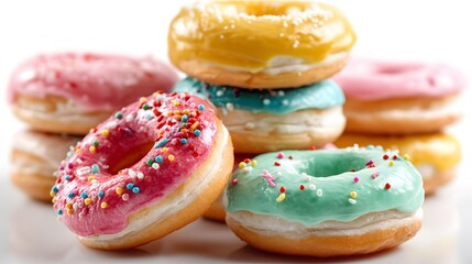 A close up of colorful donuts stacked and arranged on a white surface with sprinkles on top
