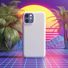 mobile case mockup Retro 80s Vaporwave Smartphone Case Mockup – Nostalgic Photorealistic Product Presentation, Ai generate..