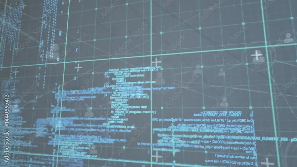 Aufkleber 3D render network interface displaying code snippets, user icons, gridlines and connecting pathways