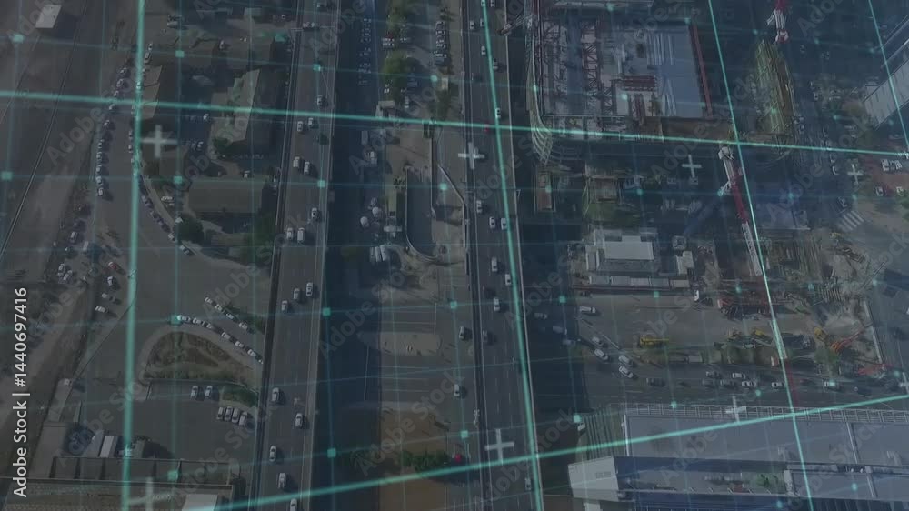 Poster multi-lane highway and intersection displaying data grid overlay, featuring cars traversing roads