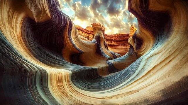 Mesmerizing swirling patterns of sandstone in a canyon with dramatic lighting and sky view

