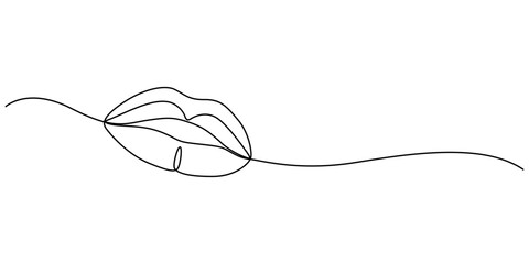 Obraz premium Human Lips Continuous Line Icon, Lips continuous one line drawing. Woman lips logo on white background. Vector illustration for banner, posters, card, design element, template, web, World kiss day pro