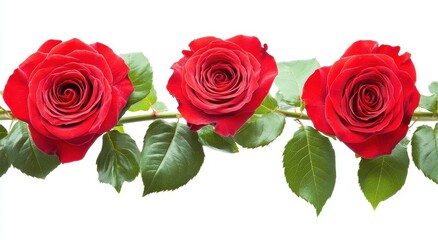 Naklejka premium Three Vibrant Red Roses with Lush Green Leaves Against a White Background, Perfect for Romantic Themes and Floral Design Projects