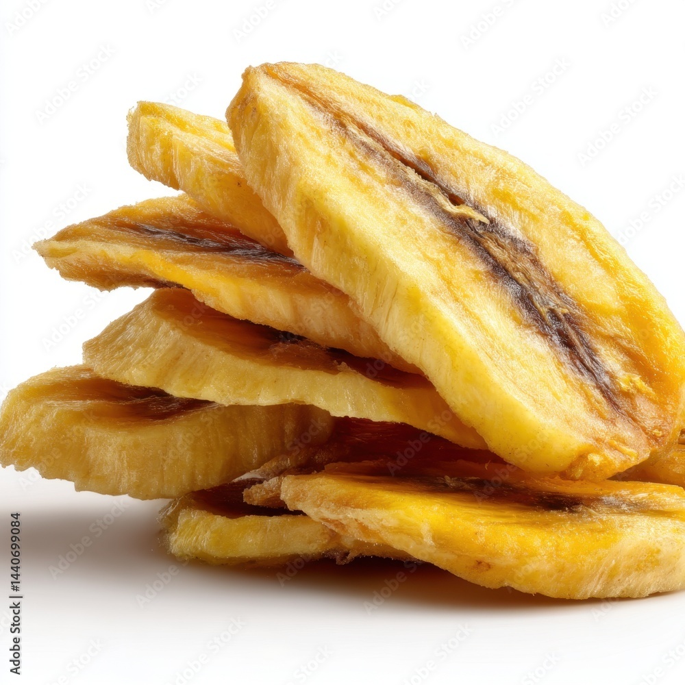 Poster close up of delicious banana chips stacked on a white background capturing the texture and vibrant c