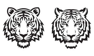 Tiger Head Tribal Style Vector Art - Fierce Animal Tattoo Design - Black and White Illustration