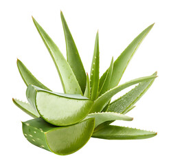 Aloe vera plant, leaves and slices isolated on transparent background, cutout, png.
