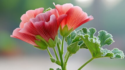 Close-up of vibrant, layered, pink-red flower with green leaves and buds. Soft, blurred background