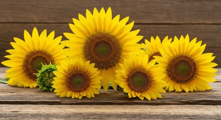 Sunflowers Blooming on Rustic Wood Surface Arrangement