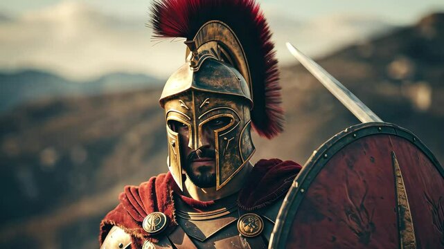 An ancient Spartan soldier stands proudly with a shield, showcasing his armor and helmet against a rugged landscape, embodying the spirit of honor and bravery in battle