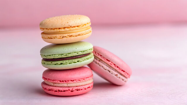 Sweet pastel macarons stack on pink background delicate and