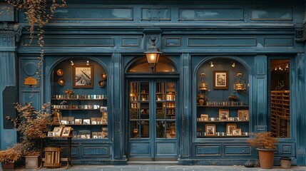 Quaint French vintage commercial storefront, blue painted façade with an elegant vitrine, showcasing antique decor and charm 