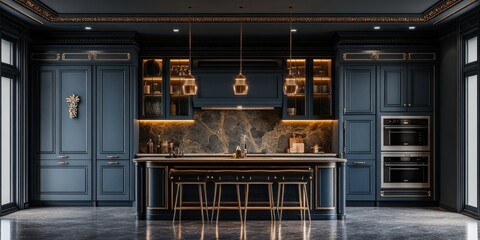 Elegant modern kitchen featuring blue cabinetry, marble accents, and ambient lighting in a contemporary home setting