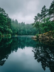 Serene lake reflection surrounded by lush green forest under a misty sky capturing nature's beauty and tranquility with a calm and peaceful atmosphere in a scenic landscape