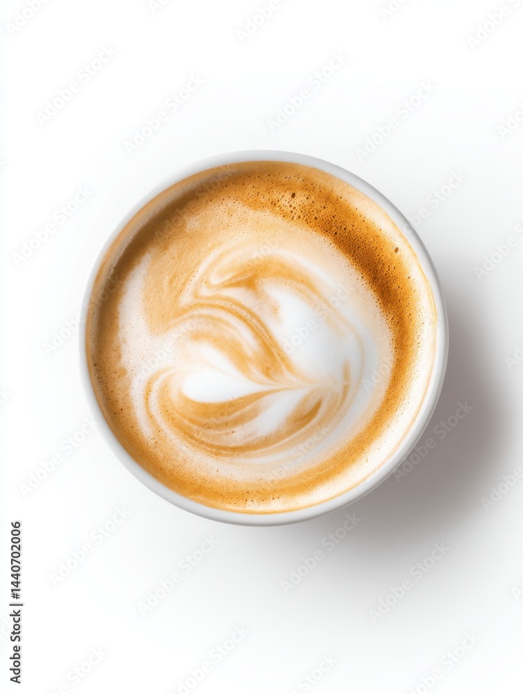 Aufkleber top view of creamy latte art coffee in white cup against a clean white background creating a warm in