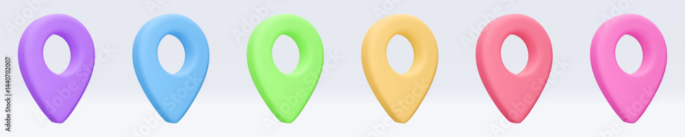 Poster set of colored location pointer, placemark, marker of map, navigation pin sign. 3d gps icon with sha