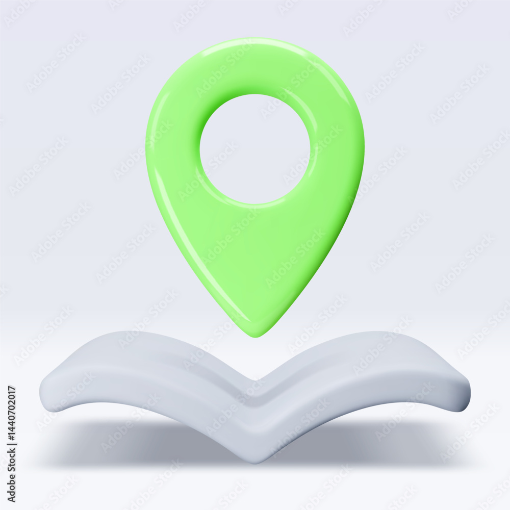 Poster green location pointer om map, book, placemark, marker of map, navigation pin sign. 3d gps icon. sig
