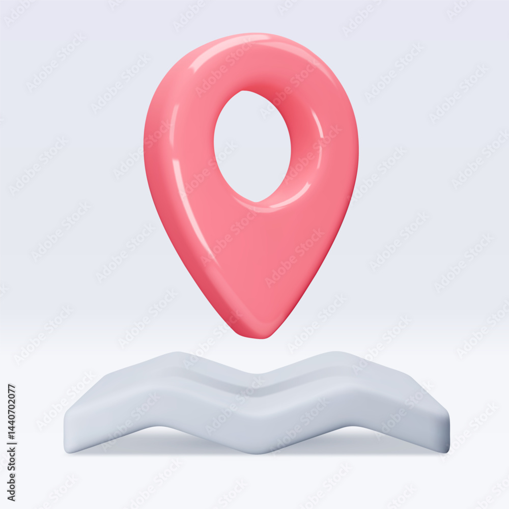 Poster red location pointer om map, placemark, marker of map, navigation pin sign. 3d gps icon with shadow.
