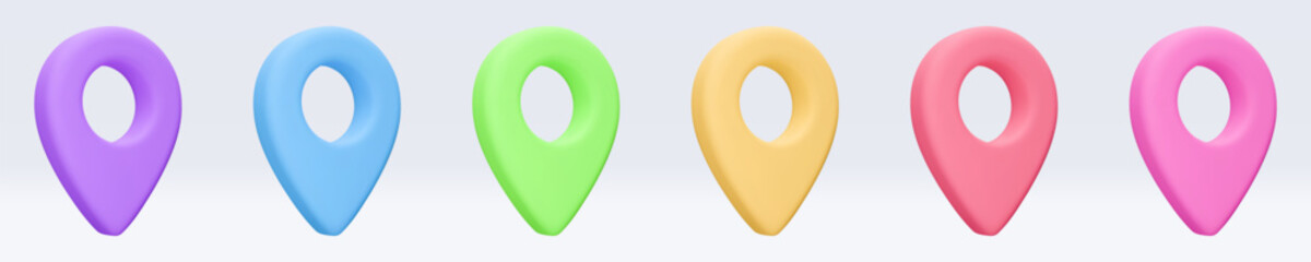 Set of colored location pointer, placemark, marker of map, navigation pin sign. 3d GPS icon with shadow. Sign for searching on map direction. Vector render illustration isolated on white background