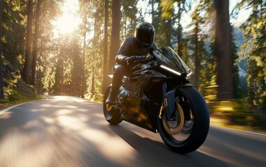 Obraz premium Dynamic Biker Riding Motorcycle Through Sunlit Forest Pathway