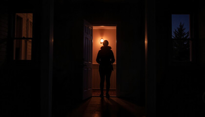 Mysterious figure waiting at the doorway against a dim backdrop  