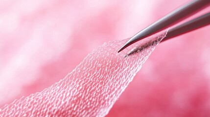 Delicate texture of pink biomedical polymer held by tweezers