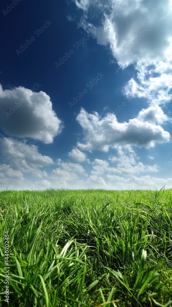 Poster lush green grass field under a blue sky with fluffy white clouds on a sunny day capturing the essenc