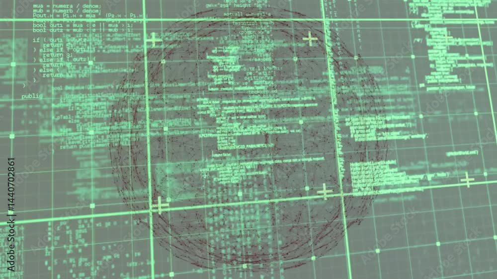 Poster abstract interface showing code overlaying green grid in scene, with network nodes and plus markers
