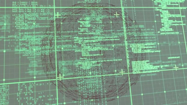 Abstract interface showing code overlaying green grid in scene, with network nodes and plus markers