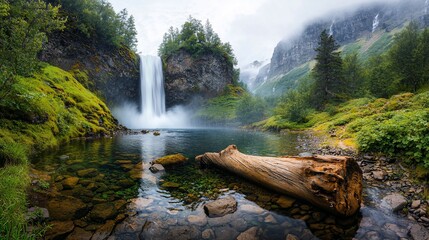 Majestic waterfall cascading into a tranquil alpine pool.  A fallen log rests at the water's edge