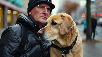 A dedicated guide dog assists a blind man as they navigate a busy city street during a cloudy day
