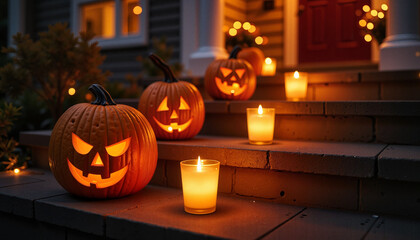 Obraz premium Halloween pumpkins glowing with candles on a decorated porch 