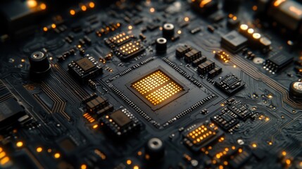 Close-up of a computer circuit board with a central processor unit.