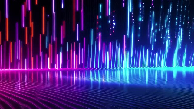 Neon binary code pattern dynamically moving in vibrant colors creates a mesmerizing digital display, showcasing a blend of technology and art