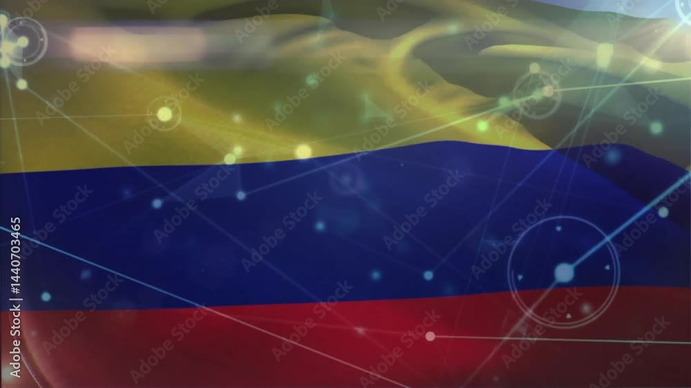Poster abstract tricolor wave graphic showing glowing network nodes flowing horizontally with hud elements