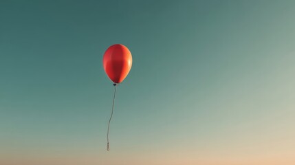 Solitary red balloon floating in clear sky at sunset