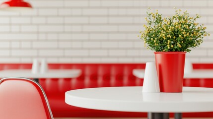 Hangout Area Concept, Retro Diner Interior with Cozy Atmosphere Featuring Potted Plant and Classic Red Seating for Local Comfort