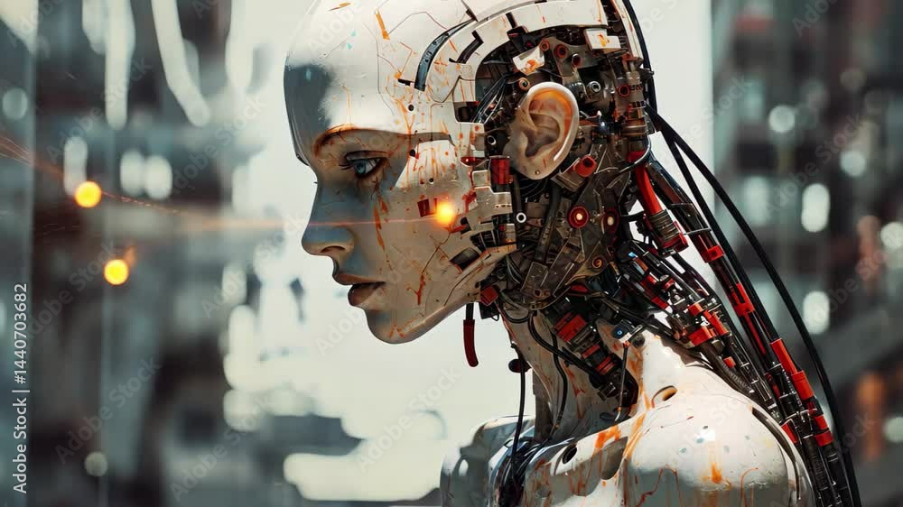 Poster ai creation of a futuristic humanoid figure stands in an urban setting, showcasing intricate robotic