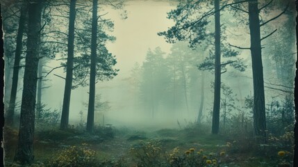 Fototapeta premium Misty forest path with yellow blooms