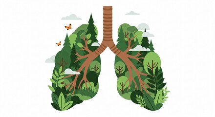 This image illustrates a pair of healthy human lungs as a vibrant green forest ecosystem, symbolizing clean air and the vital connection between nature and respiratory health. 