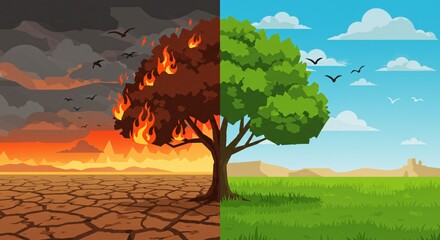 This image dramatically contrasts a healthy, green environment with a dry, burning landscape using a split tree. 