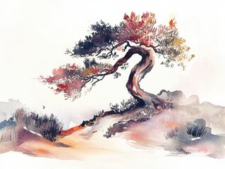 Abstract Watercolor Tree. Watercolor Illustration of Tree. Hand Painted Chinese Style.