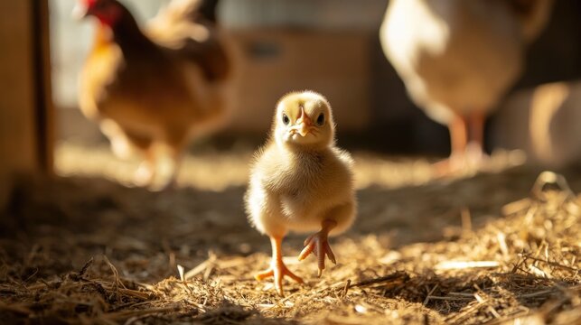 Adorable chick walking on sunlit farm with hens in background