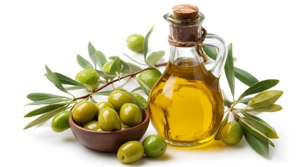 Still life of olive oil in a glass bottle with olives in a bowl and olive branch on white background