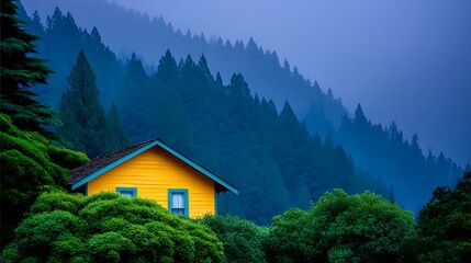 Fototapeta premium Bright yellow cabin nestled in lush, green foliage with foggy, forested mountain backdrop