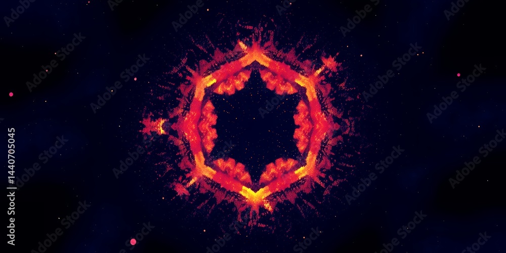 Poster a fiery hexagonal shape with a dark background and small light dots scattered around it
