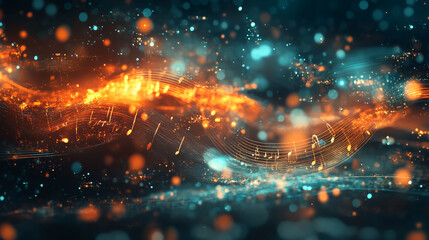 Fototapeta premium Abstract representation of music with sound waves, instruments, and dynamic energy