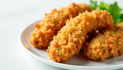Close-up of crispy fried chicken strips on white , junk food, top view